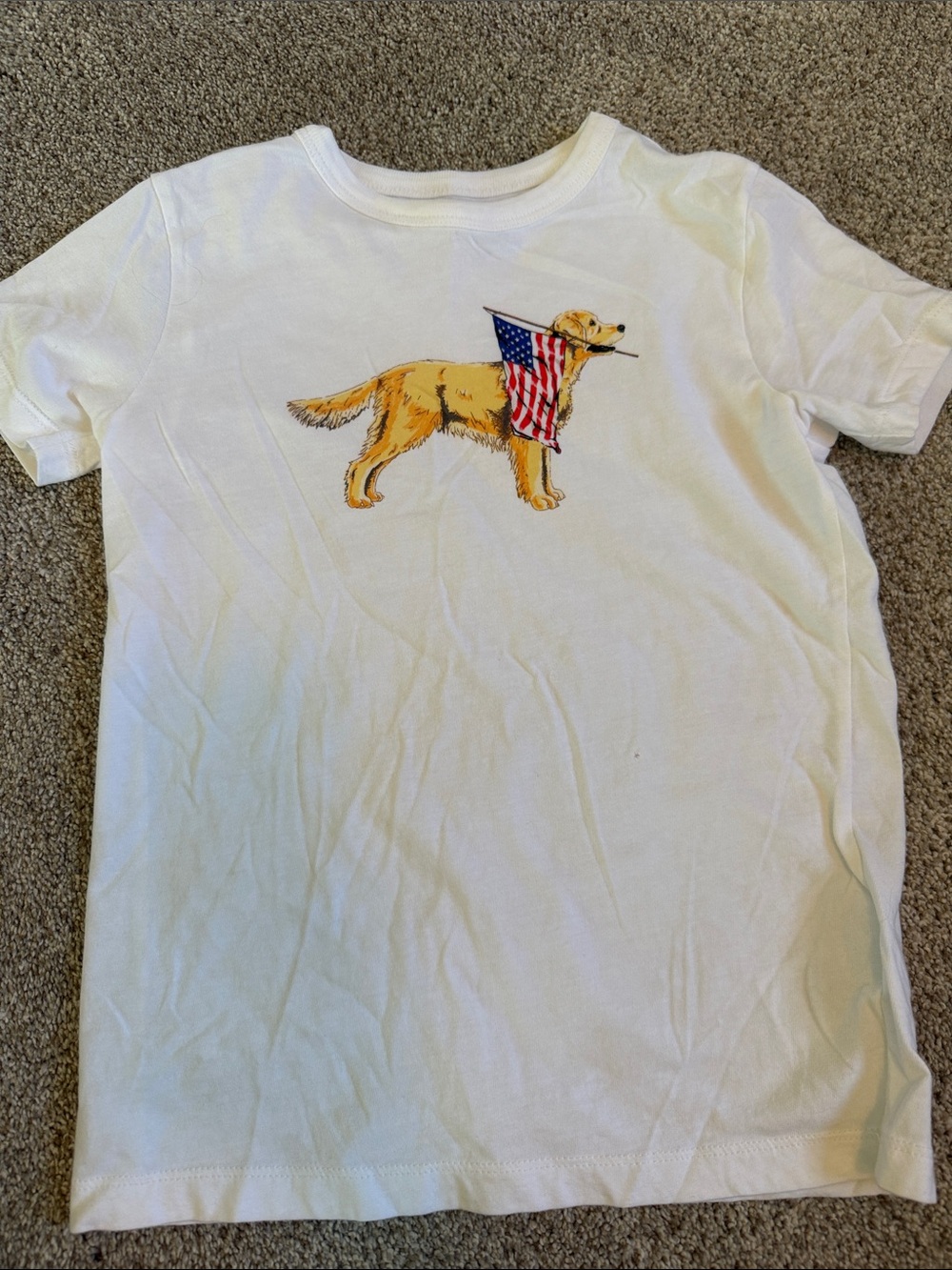Crewcuts White Tee with Golden Retriever and Flag Graphic S 6-7
